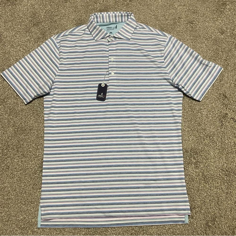 johnnie-O Blue and White Striped Polo Shirt